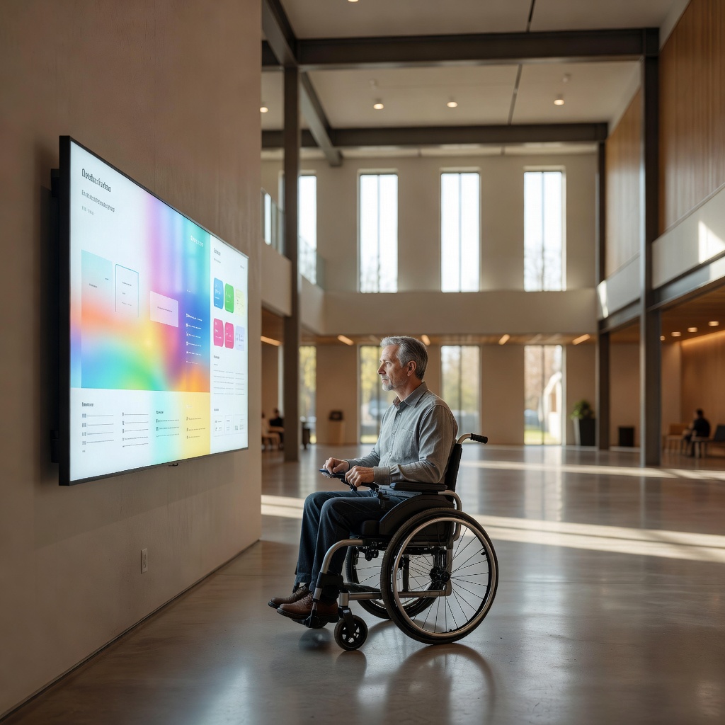 Person using a wheelchair reading a large accessible digital display at eye level in a public building