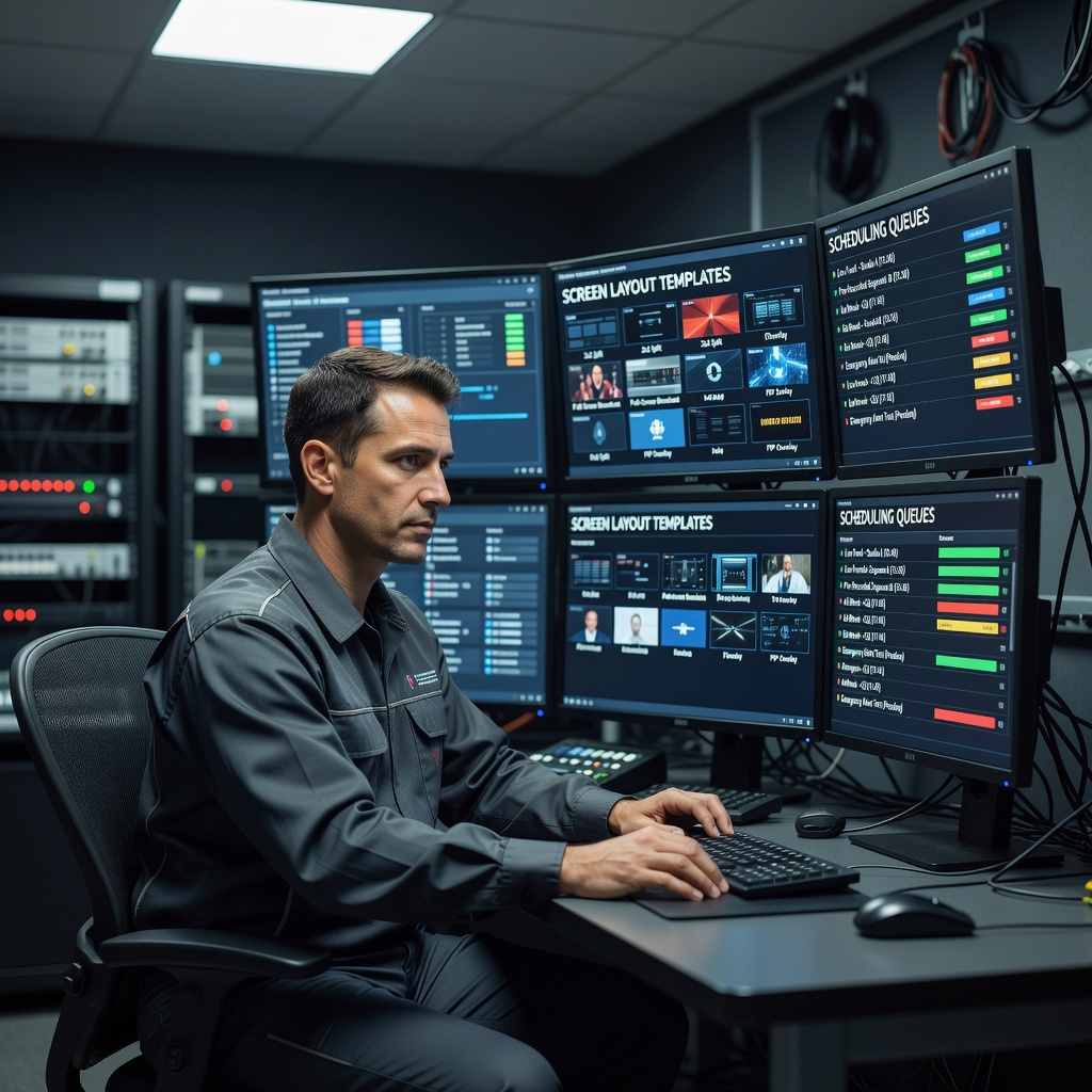 Technician reviewing digital signage content scheduling dashboard on multiple monitors