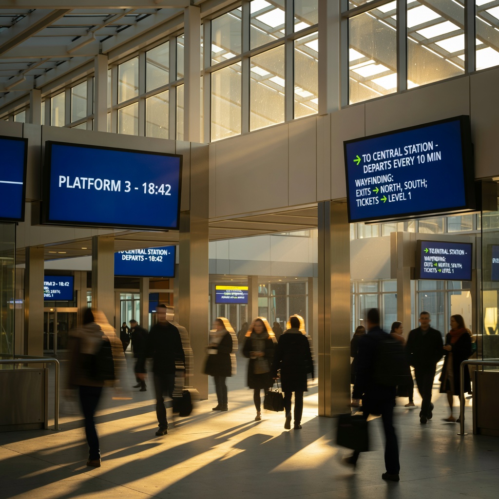 Digital wayfinding displays in a busy transit concourse with natural light and commuter movement